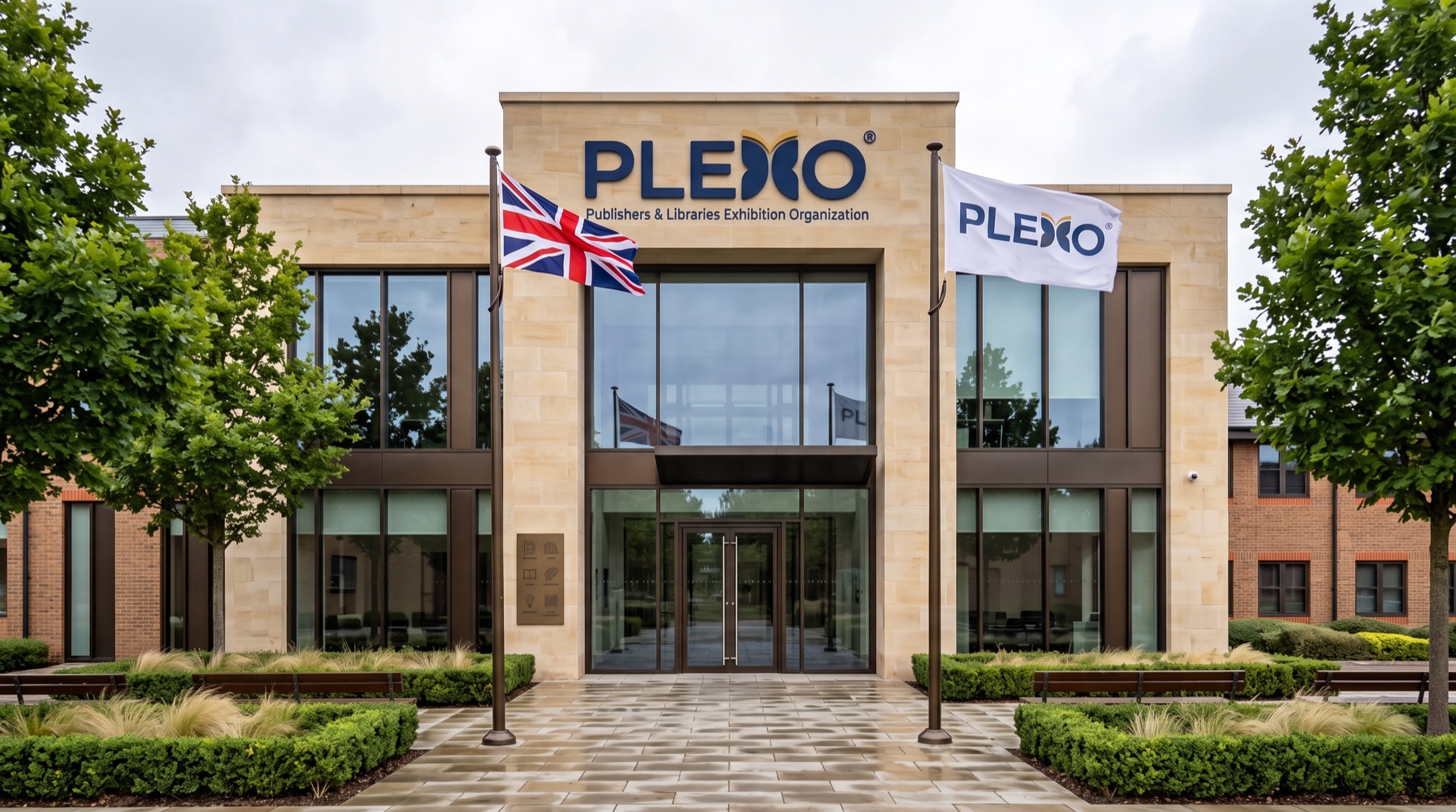 The PLEXO headquarters building, with the Union flag and the PLEXO standard at the entrance.